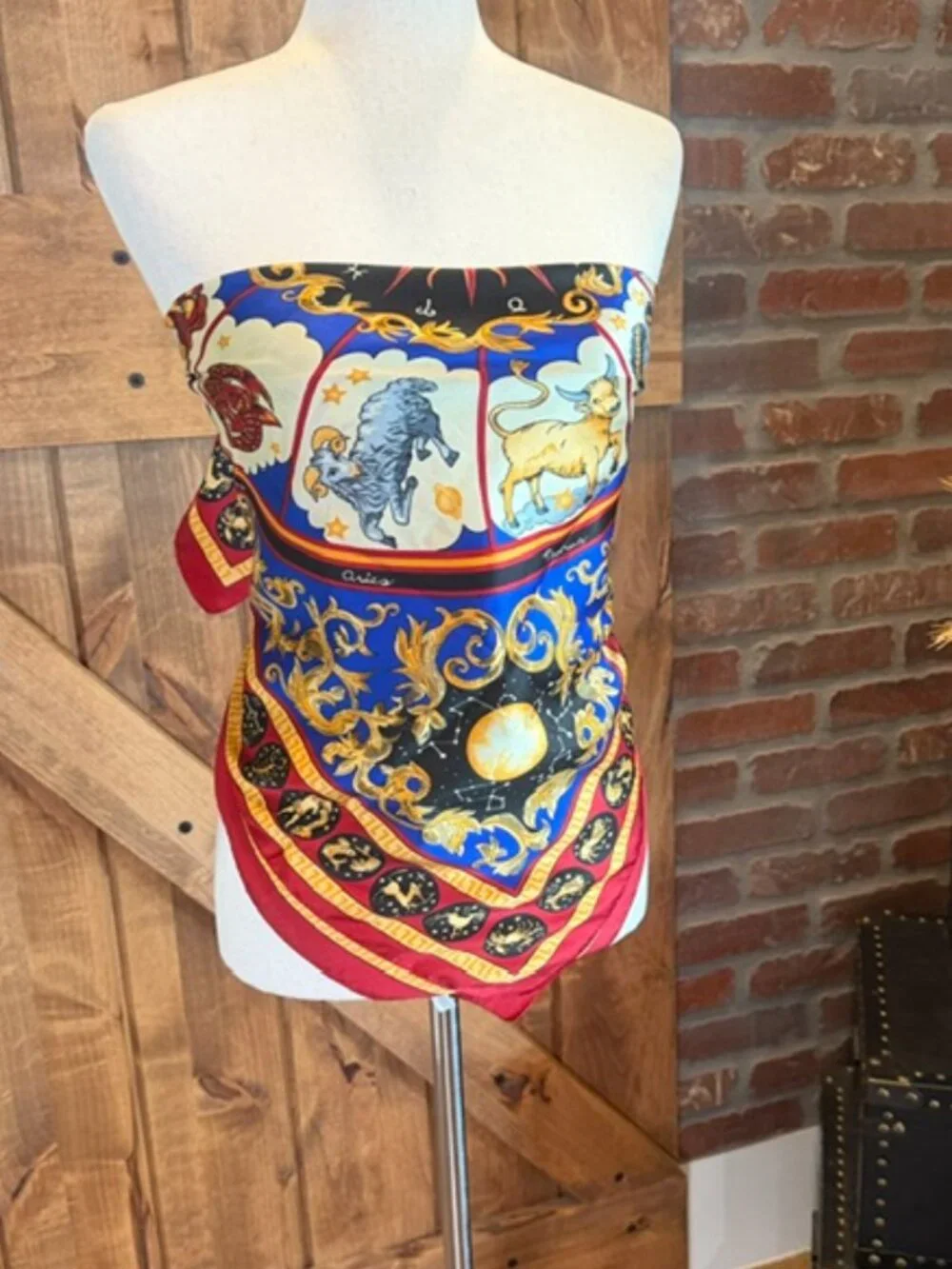 Zodiac Celestial Print Satin Square Scarf Red Blue Gold 35” Wrap Shawl Bandana